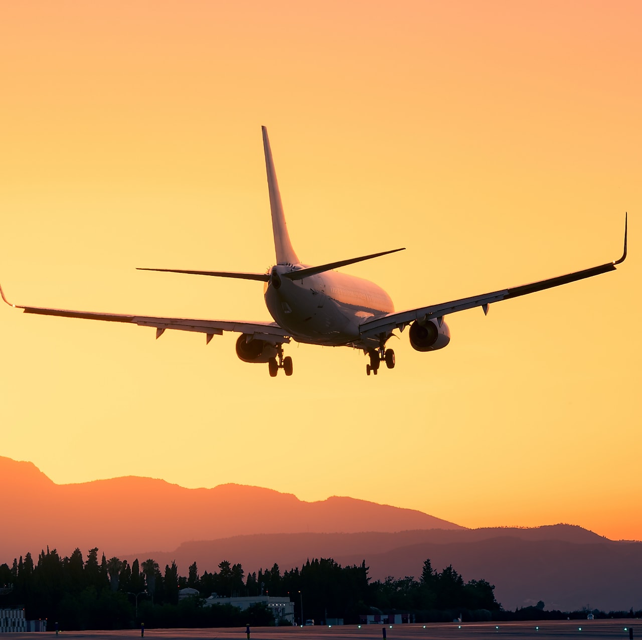 Commercial airplane landing at sunset